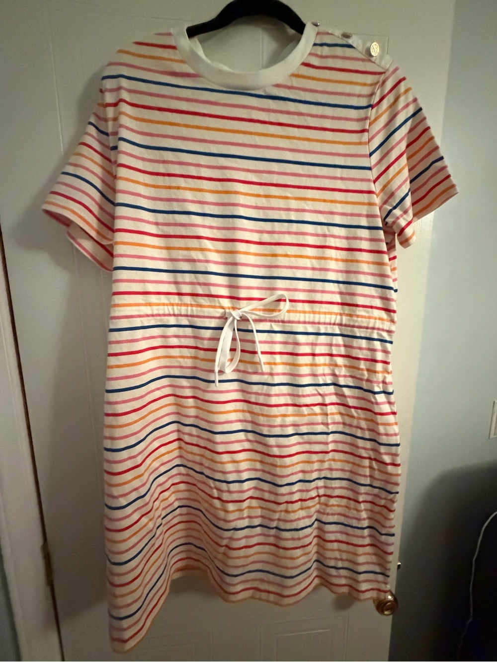 NWOT Draper James Cream T-shirt Dress with Rainbow Stripes and Tie-Waist